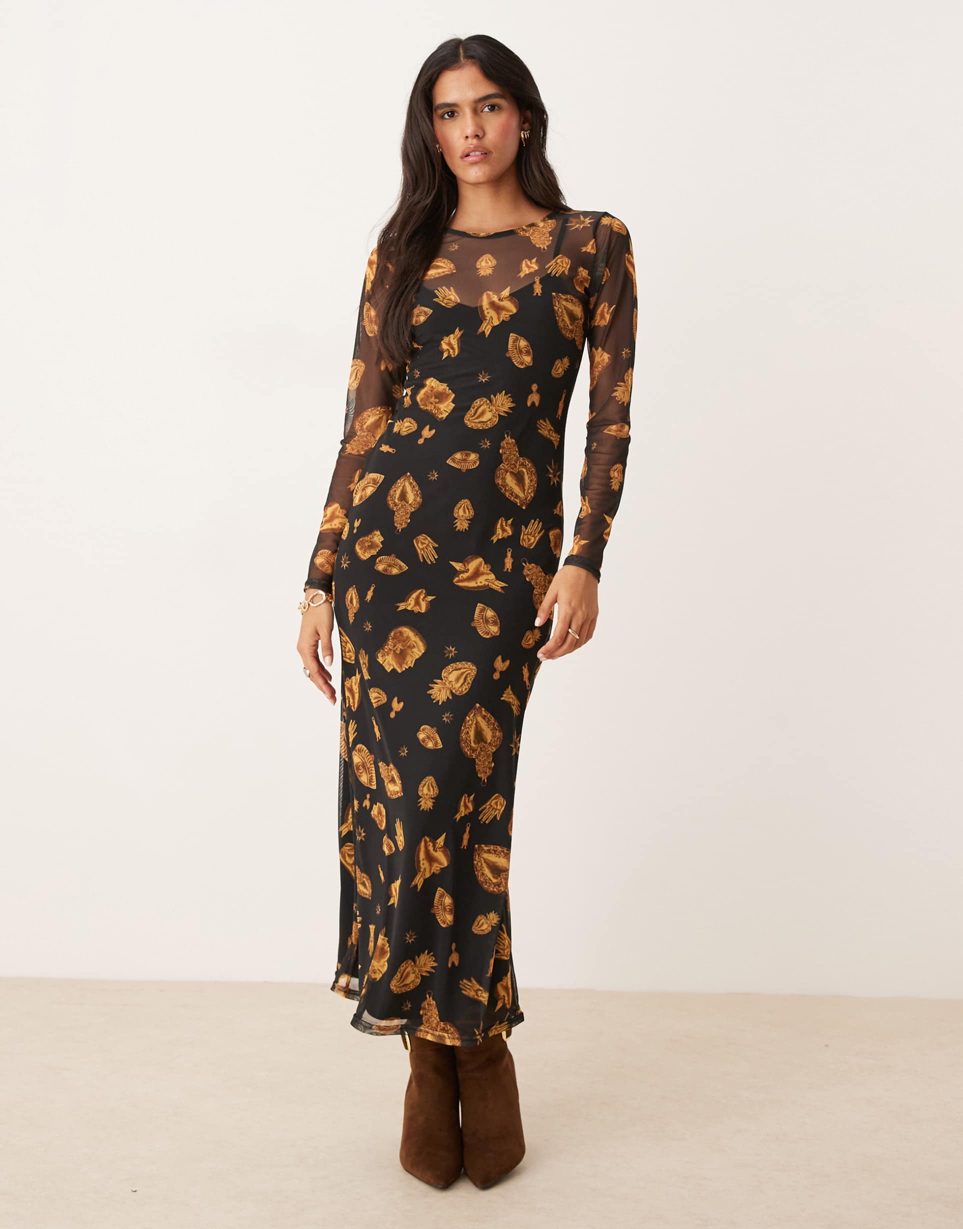 never fully dressed long sleeve mesh maxi dress in black and gold