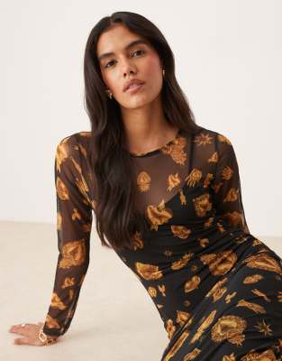 Never Fully Dressed Long Sleeve Mesh Maxi Dress In Black
