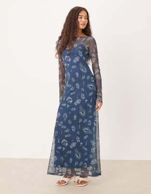 long sleeve mesh maxi dress in denim graphic print-Blue