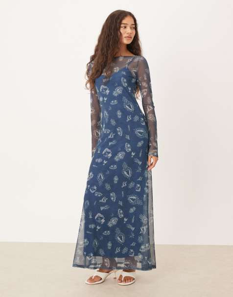 Never Fully Dressed long sleeve mesh maxi dress in denim graphic print - view 1