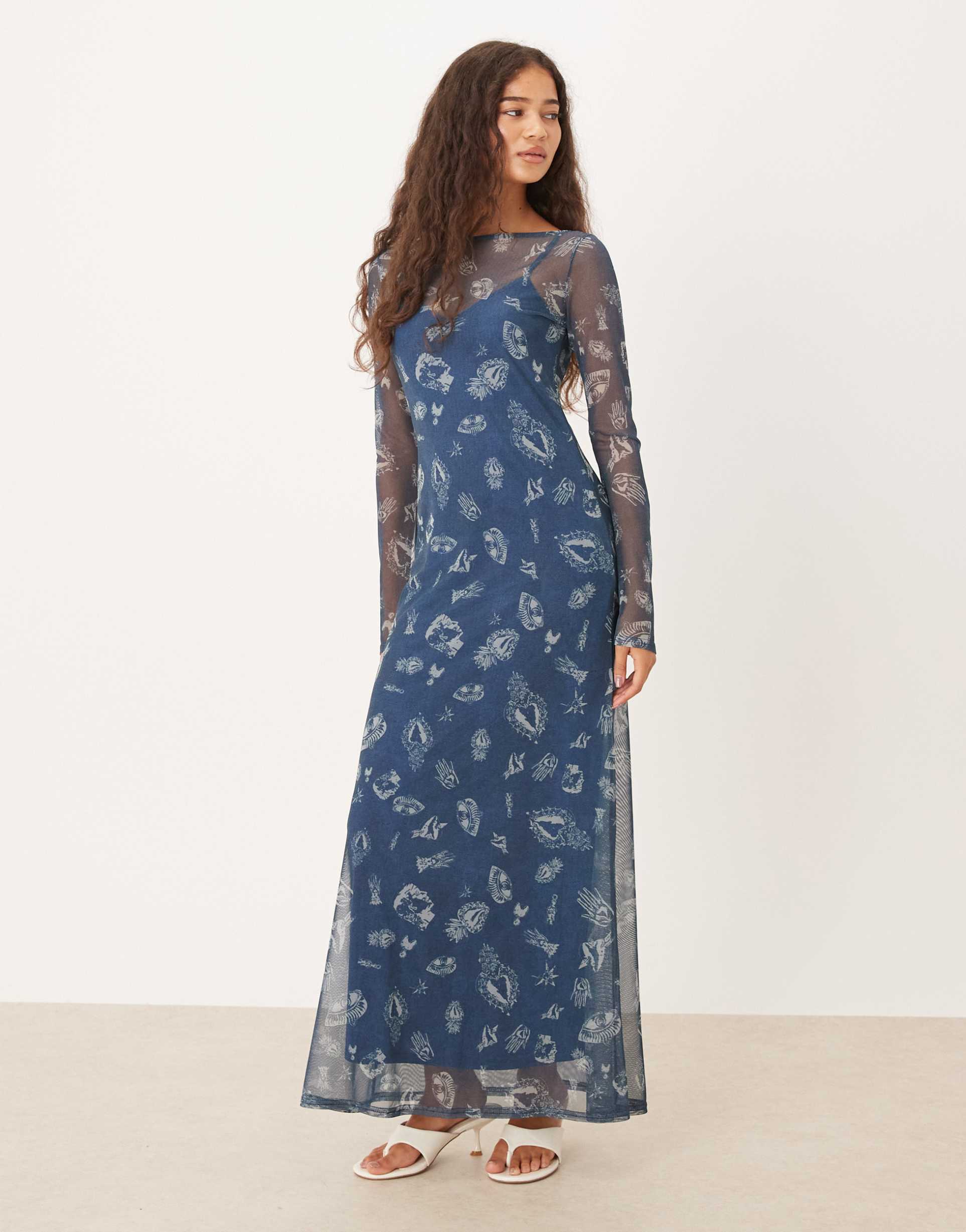 never fully dressed long sleeve mesh maxi dress in denim graphic print