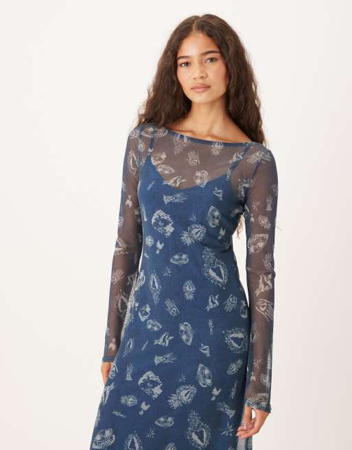 Never Fully Dressed long sleeve mesh maxi dress in denim graphic print |  ASOS