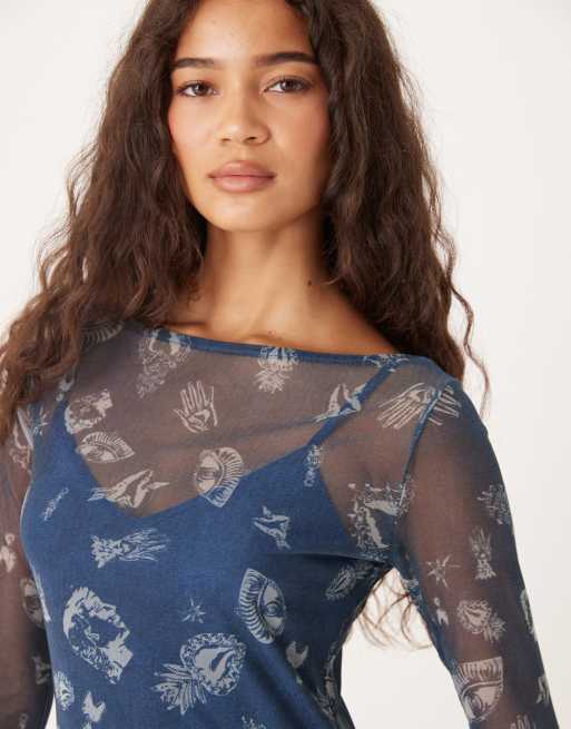 Never Fully Dressed long sleeve mesh maxi dress in denim graphic print |  ASOS