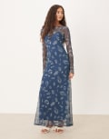 [Never Fully Dressed] Never Fully Dressed long sleeve mesh maxi dress in denim motif print-Blue 6 Blue Denim Motif