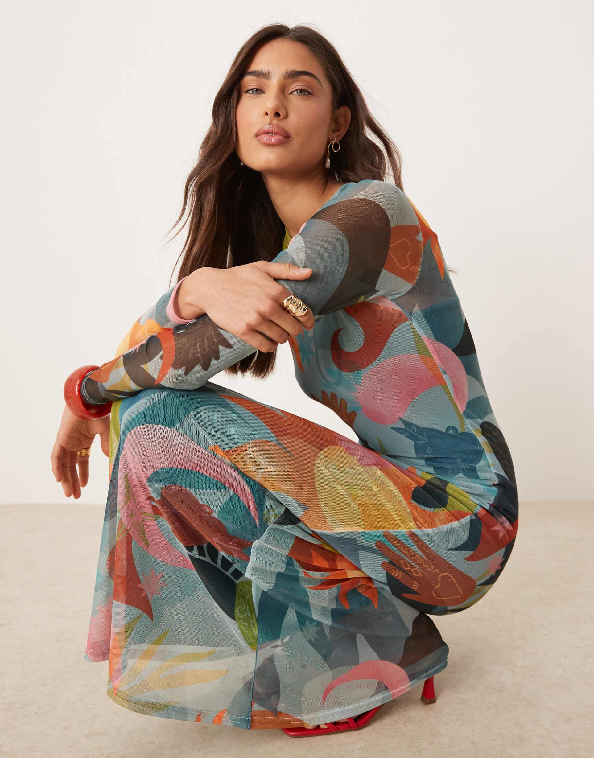 never fully dressed long sleeve mesh midaxi dress in blue balearic print