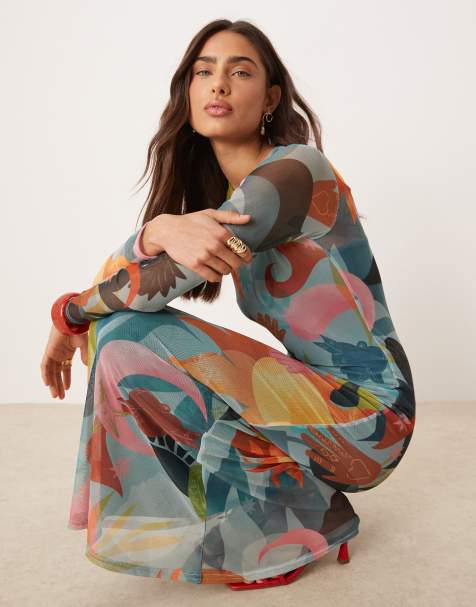 Never Fully Dressed long sleeve mesh midaxi dress in blue balearic print