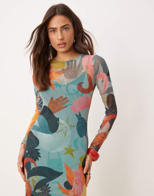 Never Fully Dressed long sleeve mesh midaxi dress in blue balearic ...