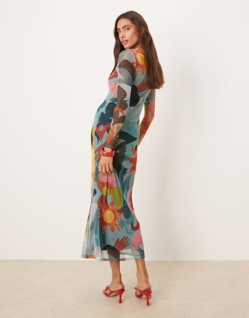 Never Fully Dressed long sleeve mesh midaxi dress in blue balearic print