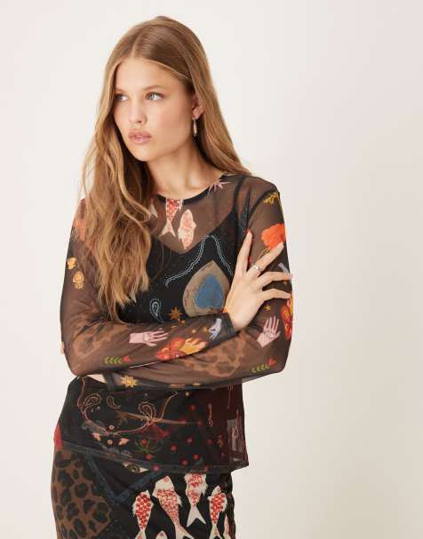 Never Fully Dressed long sleeve mesh top co-ord in multi-colour motif - view 1