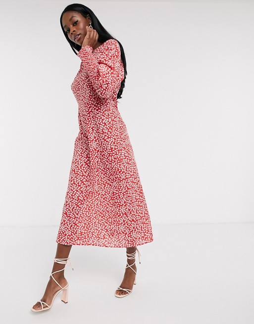 Never Fully Dressed long sleeve midaxi dress in red floral print