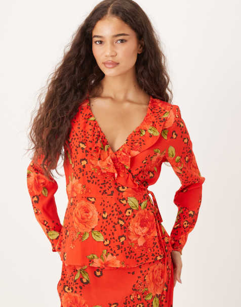 Never Fully Dressed long sleeve ruffle top co-ord in red rose