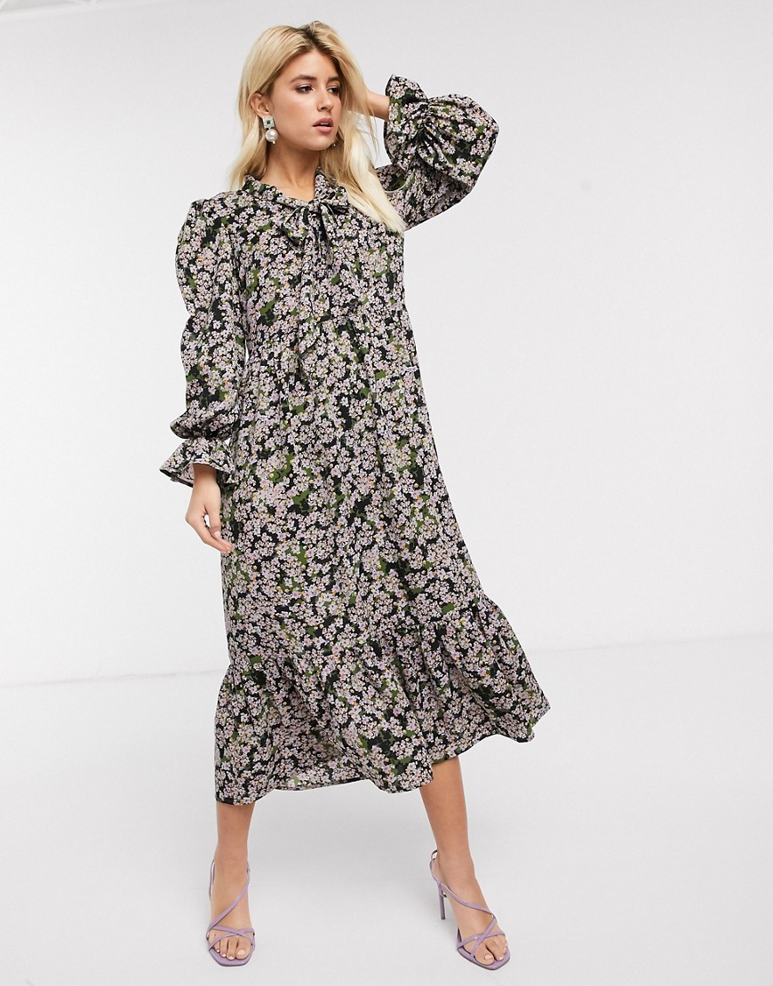Never Fully Dressed Long Sleeve Trapeze Maxi Dress With Neck Tie In Sage Green Floral-multi