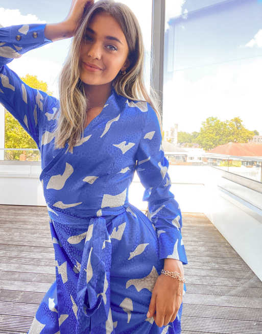 Never Fully Dressed long sleeve wrap midi dress in cobalt bird