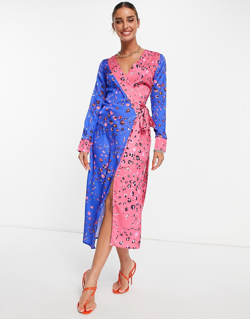 Never Fully Dressed long sleeve wrap midi dress in contrast leopard-Multi