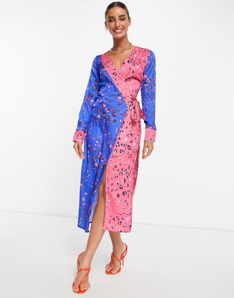 Never Fully Dressed long sleeve wrap midi dress in contrast leopard