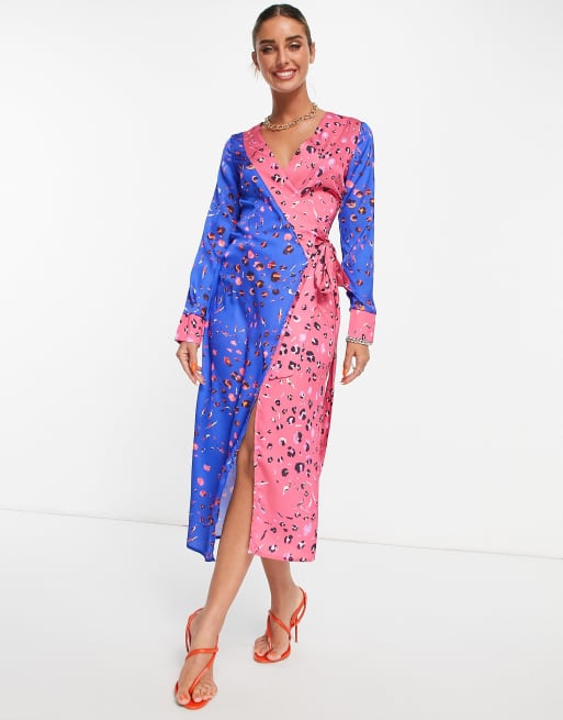 Never Fully Dressed long sleeve wrap midi dress in contrast leopard | ASOS