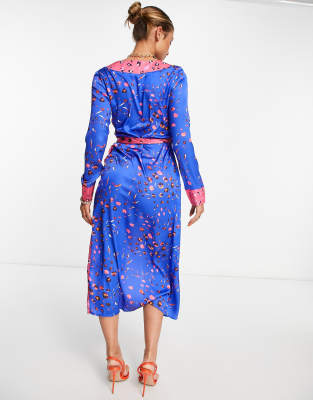 Never Fully Dressed long sleeve wrap midi dress in contrast leopard