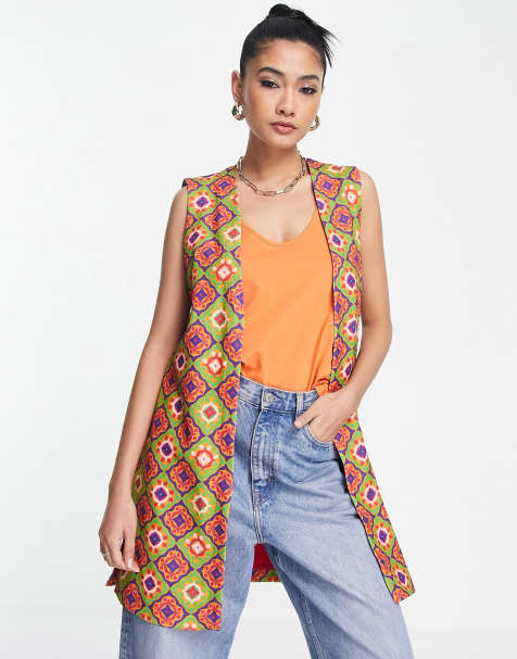 Never Fully Dressed longline sleeveless blazer co-ord in pink geometric print - view 1