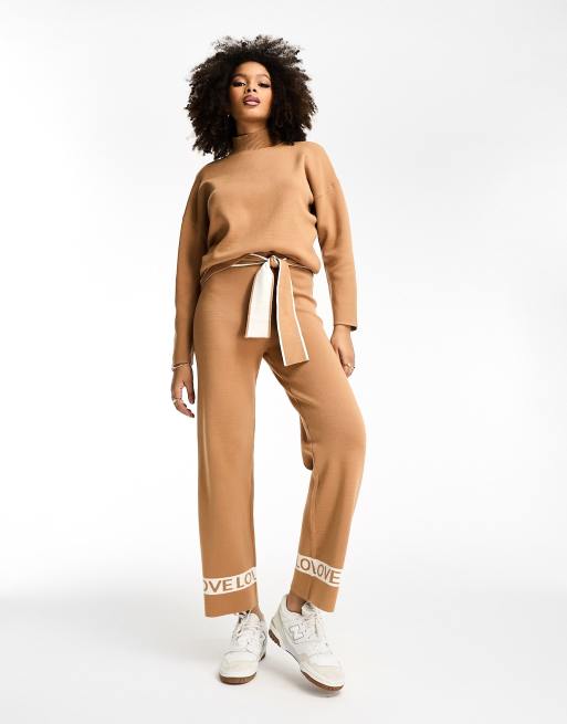 Never Fully Dressed LOVE knit wide leg sweatpants in camel - part of a set