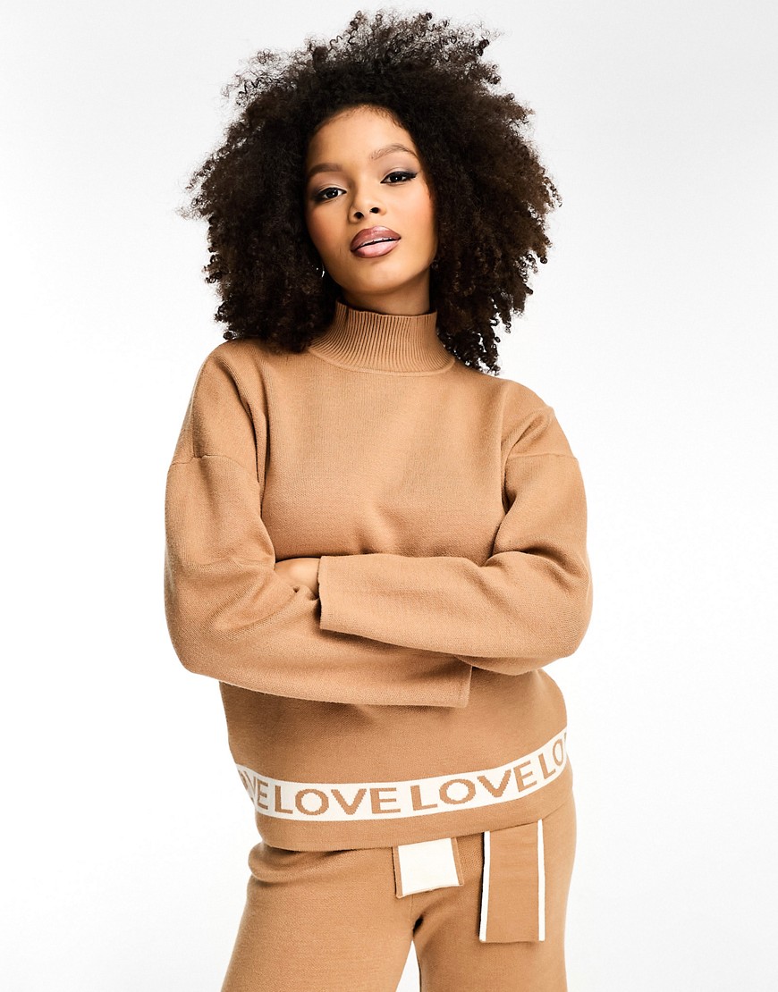 Never Fully Dressed LOVE knitted jumper co-ord in camel-Neutral