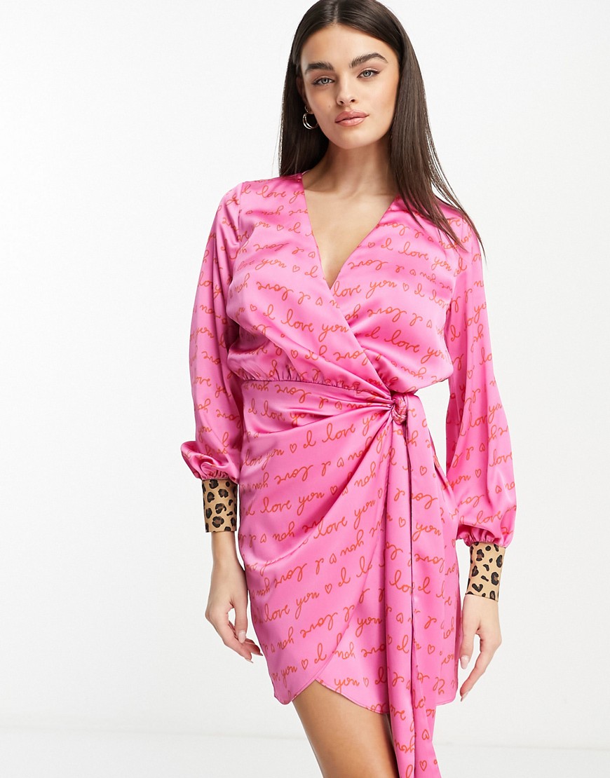 Never Fully Dressed love print wrap mini dress in pink and red