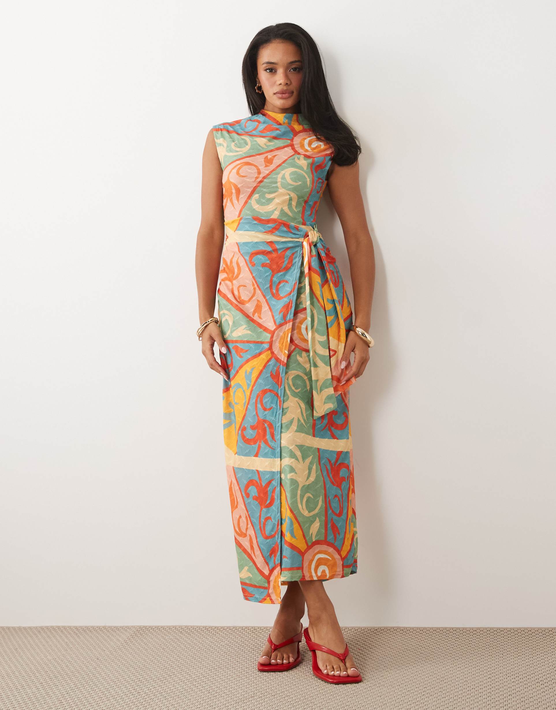 never fully dressed lucy textured short sleeve tie front midi dress in kaleidoscope print