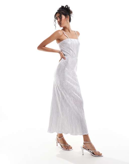 Never Fully Dressed - Luna - Plissé maxi jurk in metallic zilver
