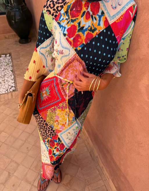 Never Fully Dressed Mabel plisse three quarter length sleeve satin midi dress in patchwork print, 2 of 3