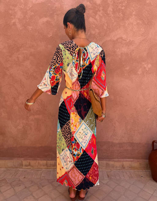 Never Fully Dressed Mabel plisse three quarter length sleeve satin midi dress in patchwork print, 3 of 3