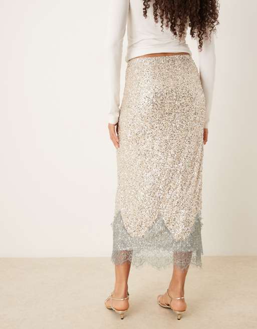 Never Fully Dressed - Maeva - Midaxi rok met lovertjes en kanten rand in zilver, 5 van 5