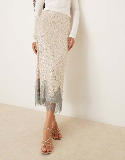 Never Fully Dressed Maeva midaxi skirt in silver sequin with lace trim - view 1