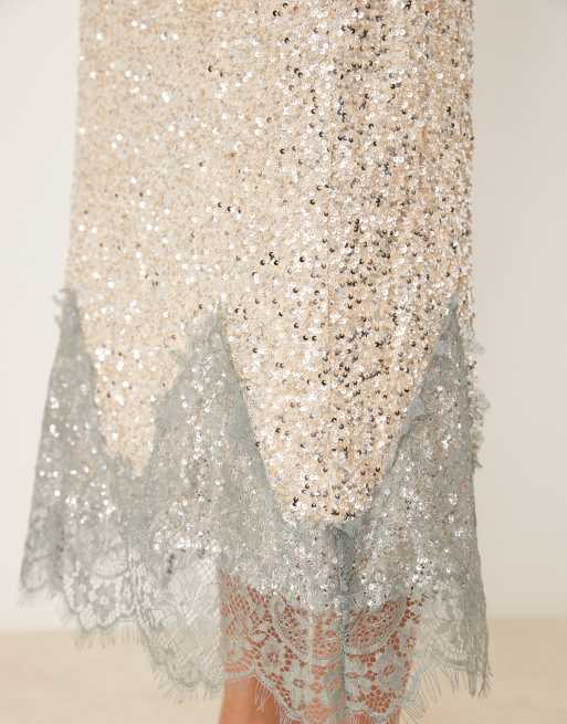 Never Fully Dressed Maeva midaxi skirt in silver sequin with lace trim, 2 of 5