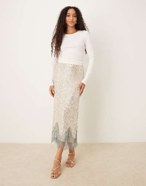 Never Fully Dressed Maeva midaxi skirt in silver sequin with lace trim, 3 of 5
