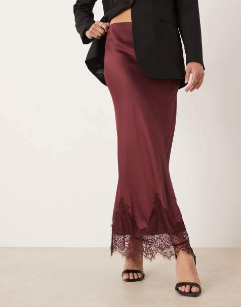 Never Fully Dressed Maeva midaxi skirt in wine with lace trim - view 1