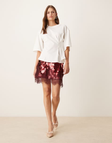 Never Fully Dressed Maeva mini skirt in large sequin in burgundy with lace trim
