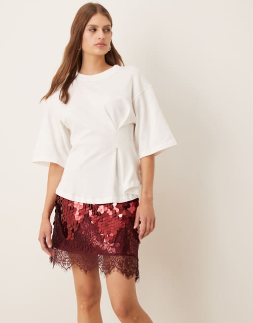Never Fully Dressed Maeva mini skirt in large sequin in burgundy with lace trim, 3 of 5