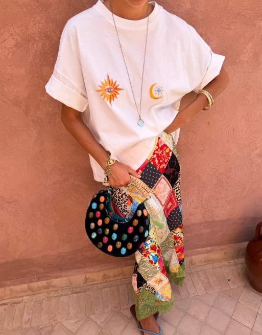 Never Fully Dressed Maeva satin bias maxi skirt with green lace detail in patchwork print, 3 of 3