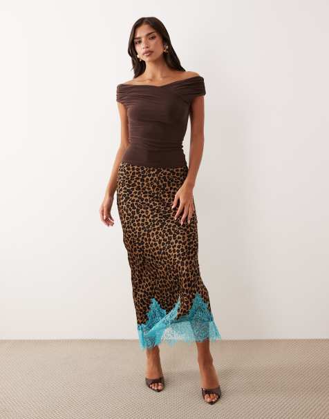 Never Fully Dressed Maeva satin bias maxi skirt with lace detail in leopard print - view 1