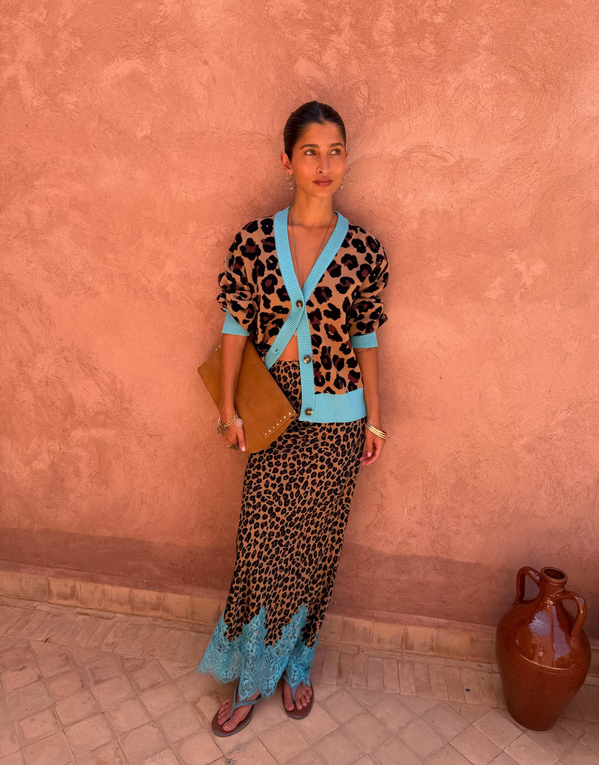 never fully dressed maeva satin bias maxi skirt with lace detail in leopard print