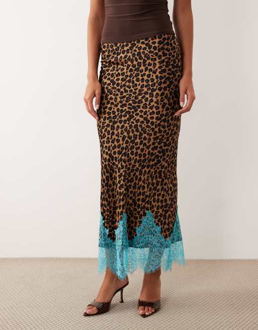Never Fully Dressed Maeva satin bias maxi skirt with lace detail in leopard print, 4 of 7