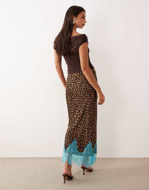 Never Fully Dressed Maeva satin bias maxi skirt with lace detail in leopard print, 7 of 7