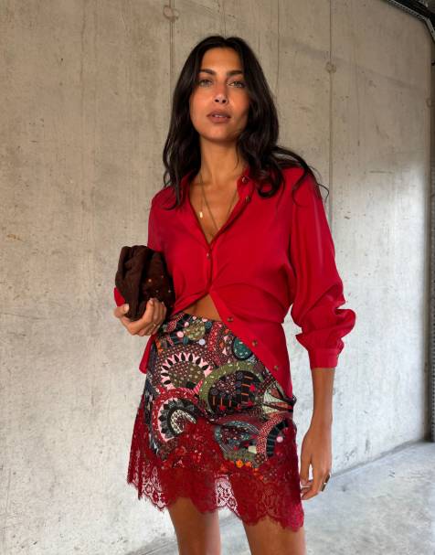 Never Fully Dressed Maeva satin lace hem mini skirt in tile print - view 1