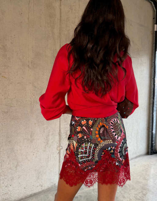Never Fully Dressed Maeva satin lace hem mini skirt in tile print, 4 of 4