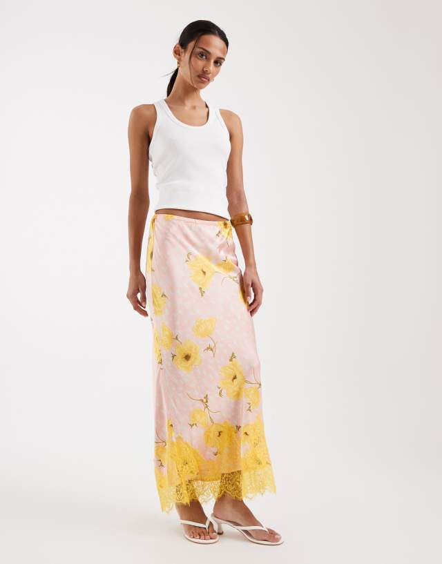 Never Fully Dressed Maeva satin maxi skirt with lace trim hem in