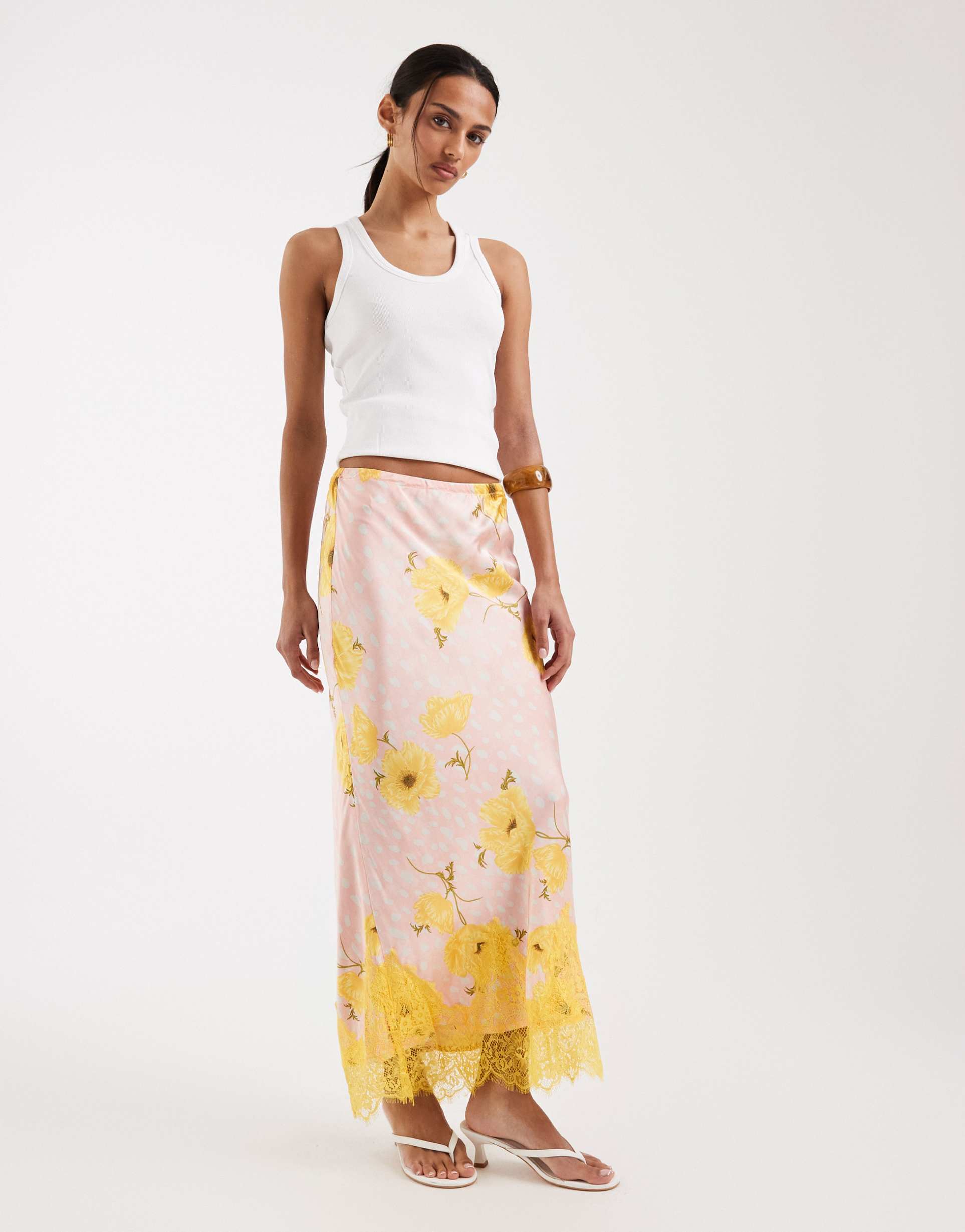 never fully dressed maeva satin maxi skirt with lace trim hem in yellow poppy polka-dot print