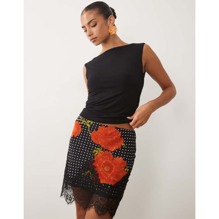 Never Fully Dressed Maeva satin mini skirt with lace trim hem in