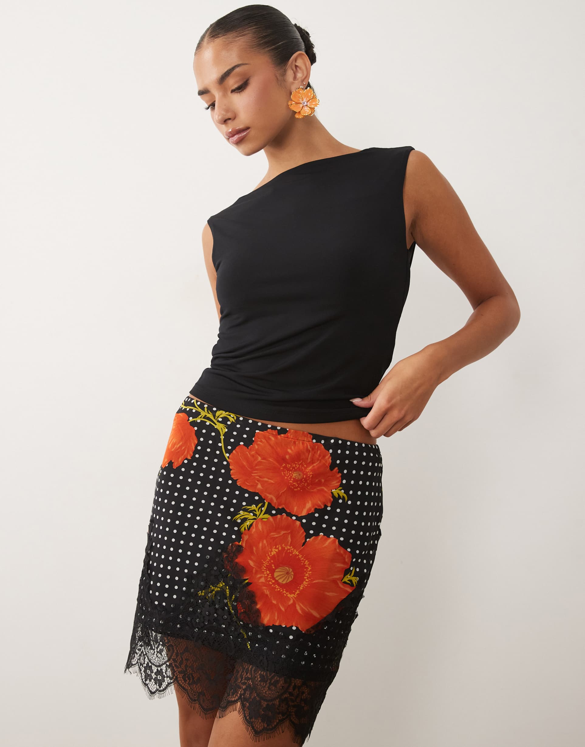 never fully dressed maeva satin mini skirt with lace trim hem in black poppy print