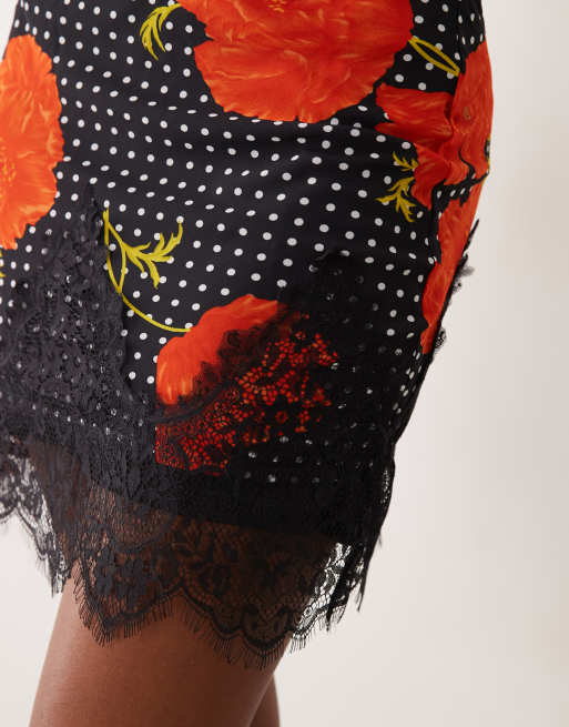 Never Fully Dressed Maeva satin mini skirt with lace trim hem in black poppy print, 4 of 5