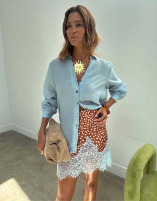 Never Fully Dressed Maeva Satin Mini Skirt With Lace Trim Hem In Neutral