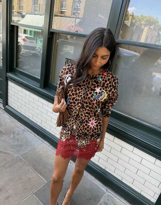 Never Fully Dressed Maeva satin mini skirt with lace trim hem in leopard, 4 of 4